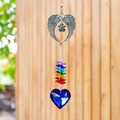 Silver angel wing suncatcher with rainbow beads and a dark blue crystal heart - Angel Wings + Blue Heart 45mm