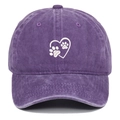 Detail of washed purple cotton baseball cap featuring white heart and paw print embroidery - Adjustable / Purple
