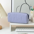 Blue and white striped seersucker pencil case with large capacity and navy zipper closure - Navy Striped