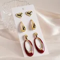 6-Piece set of gold heart and deep red enamel oval earrings on display card - Gold with Silver Pin (Set of 6)
