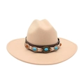 Sombrero de fieltro beige de ala ancha con banda decorativa de turquesa y ámbar boho - Beige