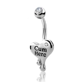 Silver melting heart belly ring with clear cubic zirconia and letter engraving - Silver Cum Here Style