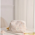 Beige woven tweed cosmetic bag with colorful flecks and inspirational fabric label - Small
