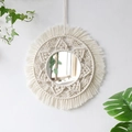 Boho style beige macrame hanging mirror with circular fringe tassels for wall decor - m0767/Standard Round Tassel Style