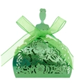 Detail of green laser-cut wedding favor box in princess dress shape with ribbon - Mirror Dark Green