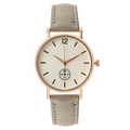 Minimalist quartz watch with rose gold case, white dial and grey leather strap - Gray