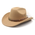 Tan western cowboy hat with wide brim, leather woven band, and retro metal buckle detail - M (56-58cm) / Camel