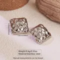 Macro shot of square stainless steel stud earrings with woven texture and 2.26cm dimensions - Woven Square