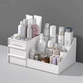 White plastic desk organizer with three-layer drawers and tiered open compartments - Medium Ivory White (28.5*17.5*12.5cm)
