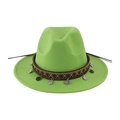 Close-up showing the ethnic woven band and silver coin charms on green wool fedora hat - 58cm / Fruit Green