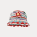 Close-up of handmade crochet bucket hat featuring colorful floral knit patterns and wavy brim - One Size / Butterfly Flower Hat