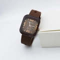 Detail of square quartz watch with brown textured dial and rose gold Arabic numerals - Coffee Arabic Numerals