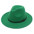 Detail of green cashmere fedora hat with a black leather band and metal buckle - M(56-58cm) / Grass Green