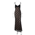 Detailed view of intricate floral lace embroidery on black V-neck backless evening dress - S / Black