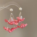 Detail of pink fabric flower earrings with long tassels and elegant pearl accents - Rose Pearl Tassel (46#)