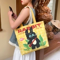 Yellow checkered canvas tote bag with black cartoon rabbit print and large capacity - Long Ago Rabbit