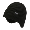 Thick black knitted winter hat with ear flaps and SPORT label for cold protection - Black