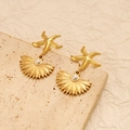 Macro shot of gold starfish shell drop earrings with white pearls and textured metal - Starfish Fan Artificial Pearl Style (CK70)