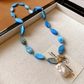 Bohemian choker with blue oval beads and a large white baroque pearl pendant - 34# Necklace - Blue Freshwater Pearl