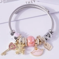 Verstellbares Edelstahl-Armband im Pandora-Stil mit rosa Panda, Herzanhängern und Perlen - Rosa
