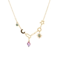 Collana multifilo dorata con cristallo viola, mezzaluna e accenti di turchese - Stile Celeste Vintage e Cristallo Viola (3#)