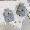 Two gray faux rabbit fur hot water bottle covers with cute long ears and pom-poms - 500ml / Long / Light Gray