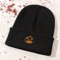Japanese style black knitted beanie with orange pumpkin embroidery for Halloween warm wear - One Size / Black