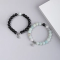 Magnetic couples beaded bracelets set with black and light blue natural stone beads - Mottled Blue Black & Black Matte - Magnetic Ball