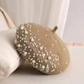 Camel wool beret for women decorated with elegant white pearls and sparkling rhinestones - Camel