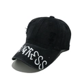 Detail of distressed black denim baseball cap with white PROGRESS print on the brim - M(56-58cm) / Black
