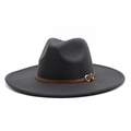 Macro detail of dark grey wide brim fedora hat with brown leather band and metal buckle - M (56-58cm) / Dark Gray