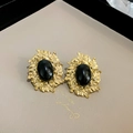 Vintage style black oval stud earrings with ornate gold leaf texture borders - 51# Silver Earring Post Black Vintage Oval Earrings