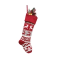 Knitted red and grey Christmas stockings with reindeer patterns and festive pine cones - Elk