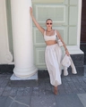 Three-piece set featuring cropped tank top, high-waist joggers and jacket in cream white - Light Beige Bralette