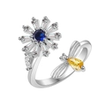 Silver snowflake spinner ring with blue gem flower and yellow bee accent design - Blue Zirconia Flower Bee Style (NJ1047)