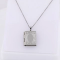 Silver stainless steel heart locket necklace with vintage texture and openable book design - Square Engraved/Steel