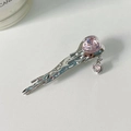 Silver liquid metal bow hair clip featuring a pink heart crystal and drop charm - Silver Liquid Pink Heart Crystal