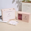 Pink jewelry gift box with red soap roses, matching carry bag and greeting card set - Flower Box + Handbag + Greeting Card / Light Pink Feather Style