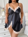 Plus size black satin nightgown with pink lace trim and side slit detailing - 3XL / Black