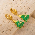 Gold-plated stainless steel long earrings featuring green Christmas tree pendants - Christmas Tree Gold Earrings