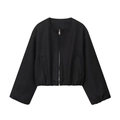Women's minimalist black zip-up bomber jacket featuring premium soft wool blend fabric - XS / Black