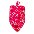 Close-up of red Valentine pet bandana featuring LOVE YOU text and lip prints - Love Text