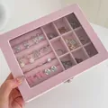 Pink faux leather jewelry box with transparent window lid and velvet storage slots - Pink Velvet Flip Jewelry Box