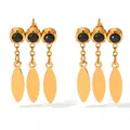 Golden drop earrings with three black round stones and leaf-shaped metal tassels - Gold + Black Zirconia