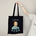 Black canvas tote bag featuring Van Gogh graphic and 'Let it Gogh' pun illustration - Van Gogh Portrait Let It Gogh Black