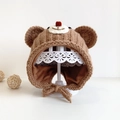 Brown knitted baby bonnet with cute bear design and ear flaps for warmth and comfort - Navy Bear - Lined