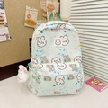 Mint green kids backpack with colorful rabbit prints and a white plush bunny charm - With Pendant / Green
