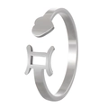 Silver Gemini zodiac open ring with heart detail and polished stainless steel finish - Adjustable Open / Gemini / Steel