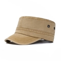 Khaki flat top cadet cap made of washed cotton with side metal eyelets and stitching - Adjustable / Camel