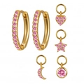 Macro detail of s925 silver needle hoop earrings with star and moon charms in pink zircon - Pink Zircon Gold